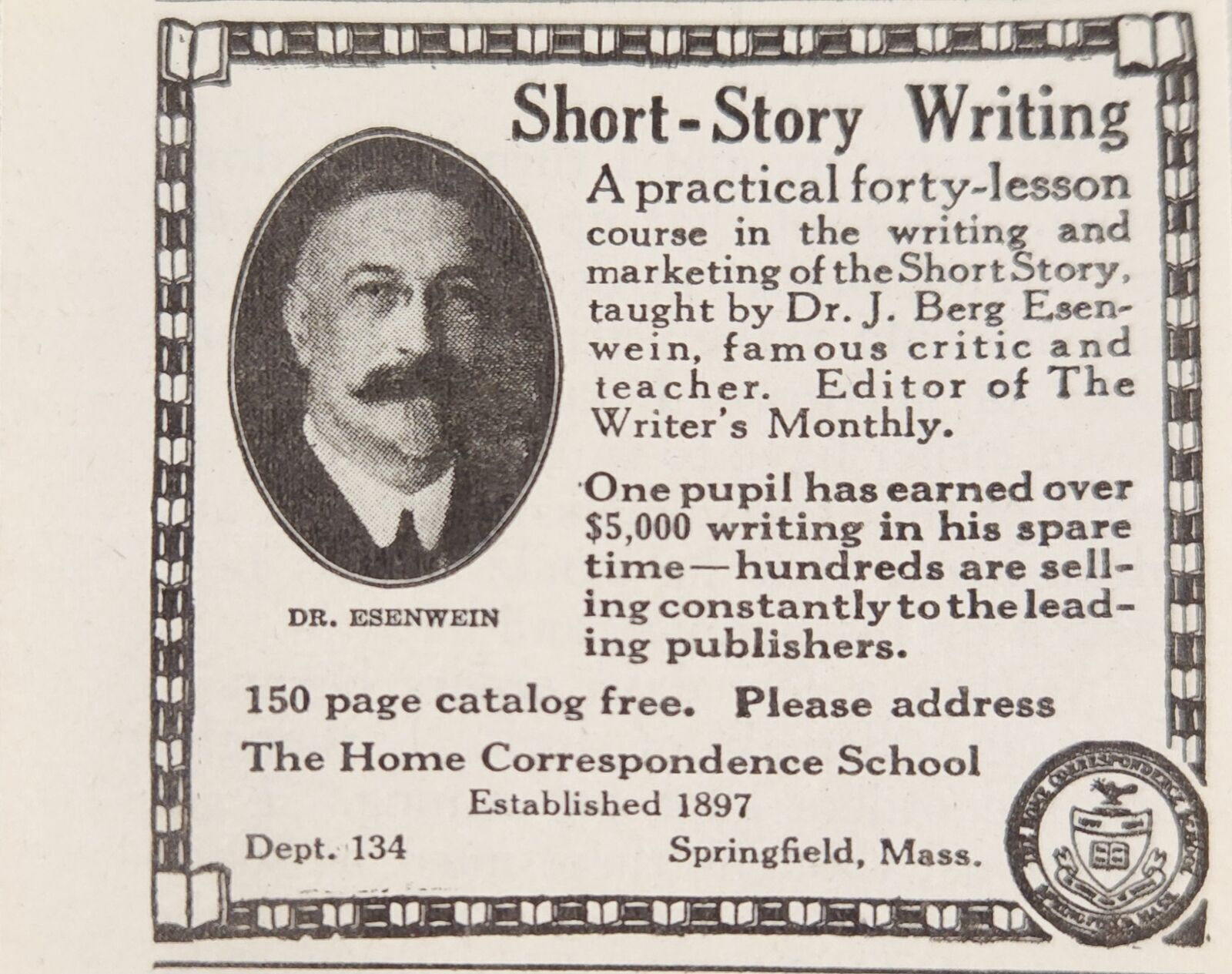 1924 Print Ad Dr Esenwein Story Writing Correspondence School Springfield,MA