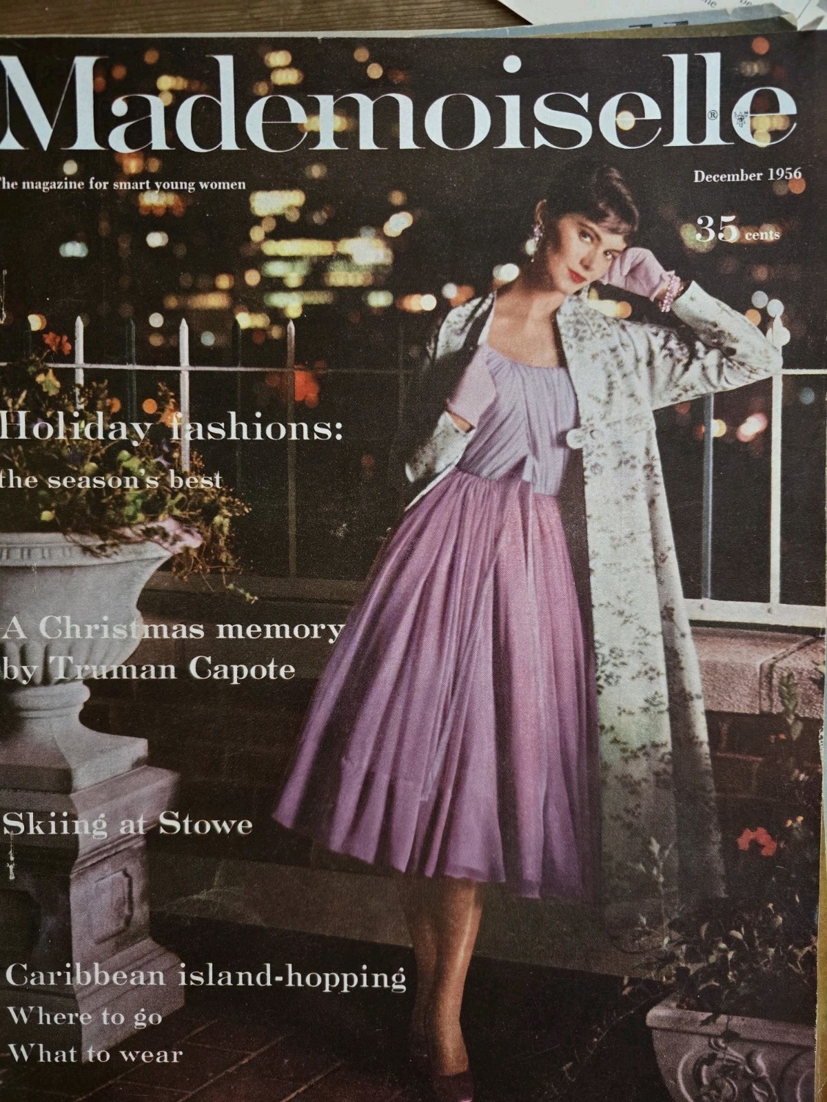1956 Mademoiselle Magazine front cover ONLY Woman Purple dress floral coat