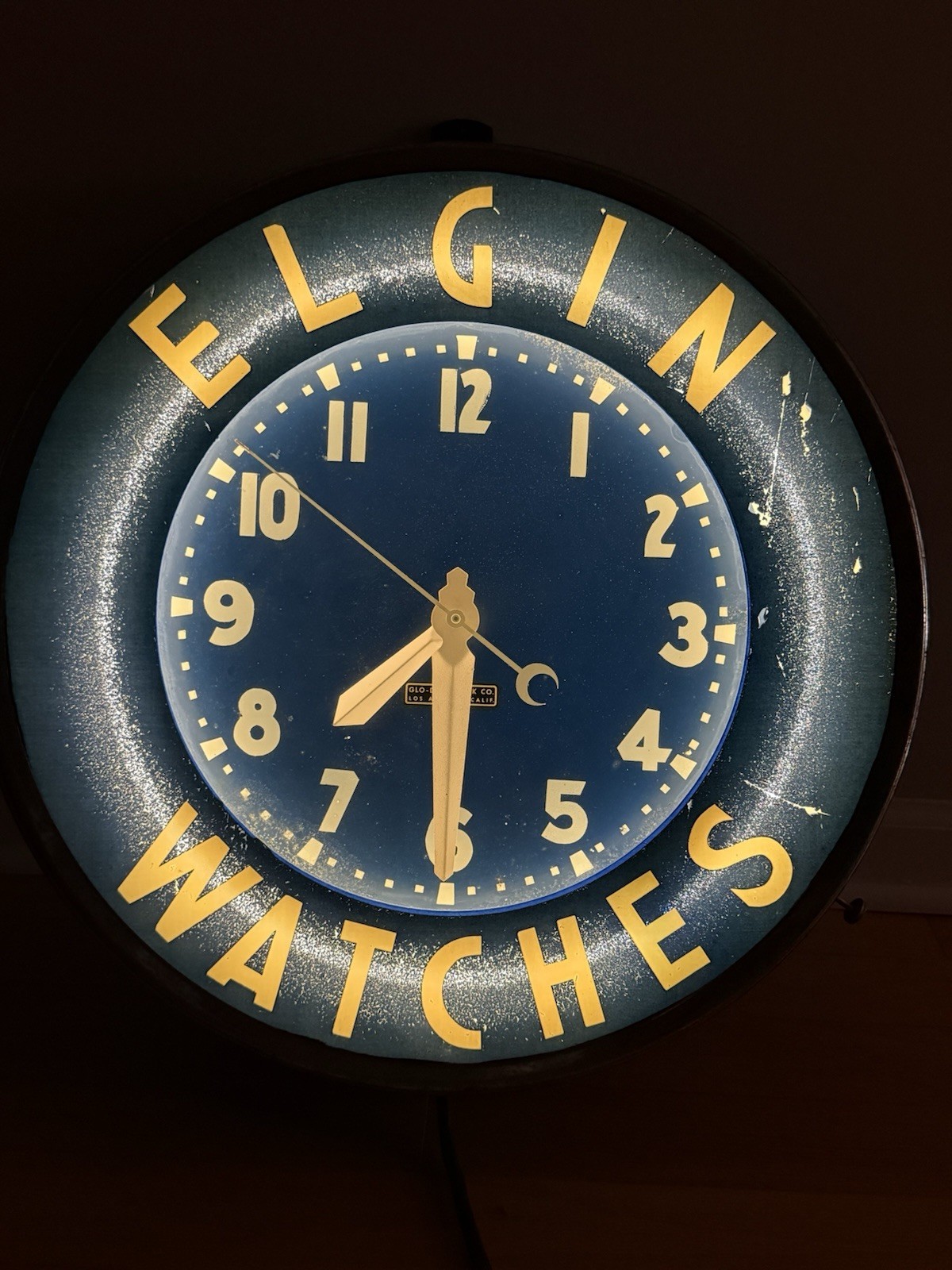 Vintage Elgin Watches Glo Dial Neon Clock Blue Sign Crescent Moon Hand 1950s Gas