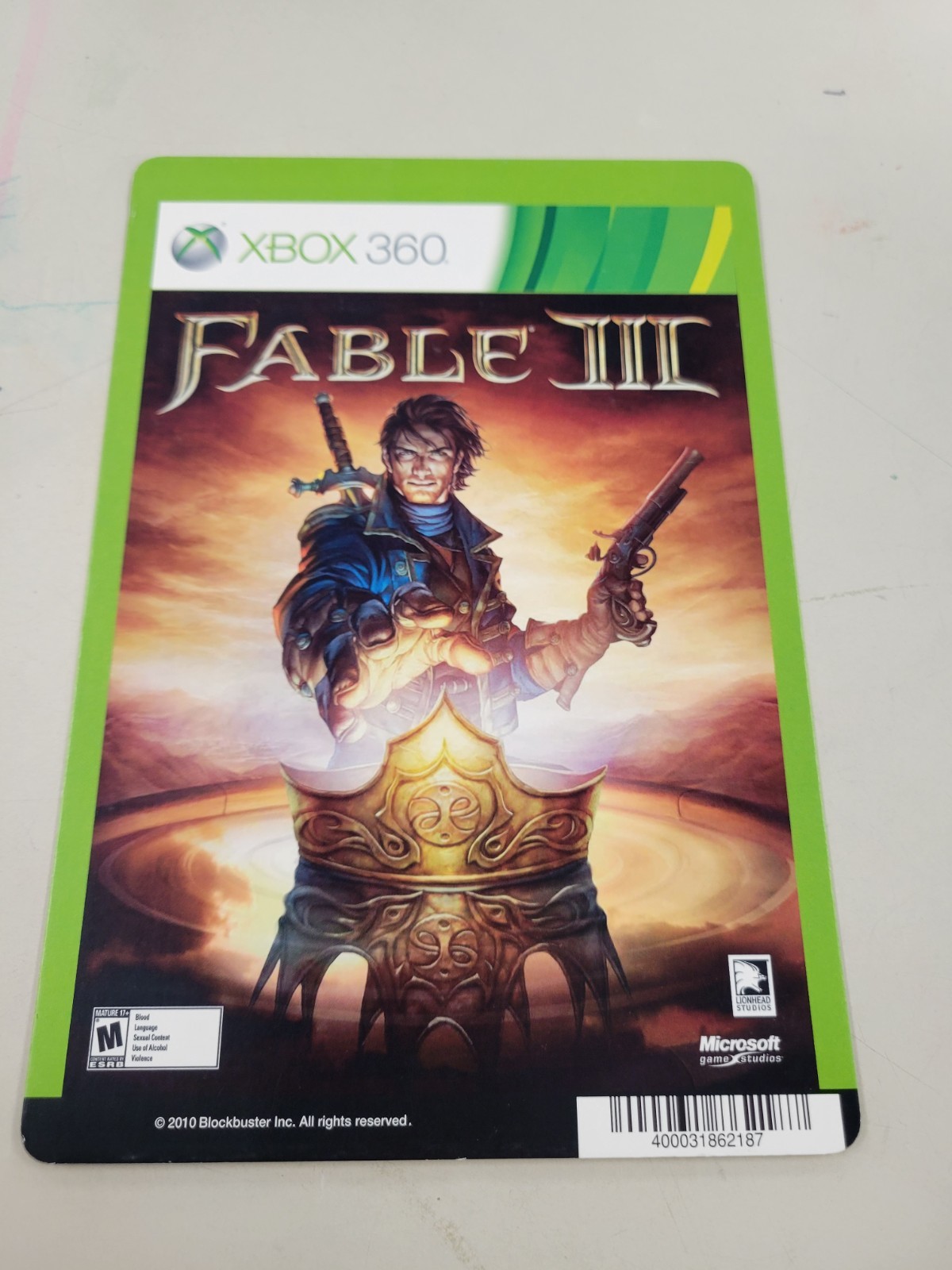 Fable 3- XBOX 360 BLOCKBUSTER VIDEO BACKER CARD -NO GAME