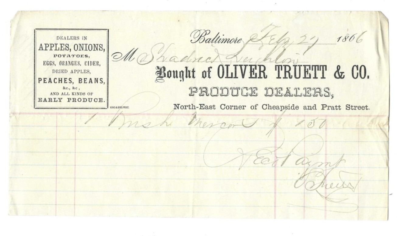 1866 Invoice Oliver Truett Produce Dealers Baltimore MD Apples Eggs Cider