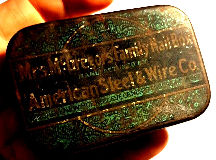 Lidded BOX – AMERICAN Steel & WIRE Mrs. McGregors Family NAIL Box – Empty TIN