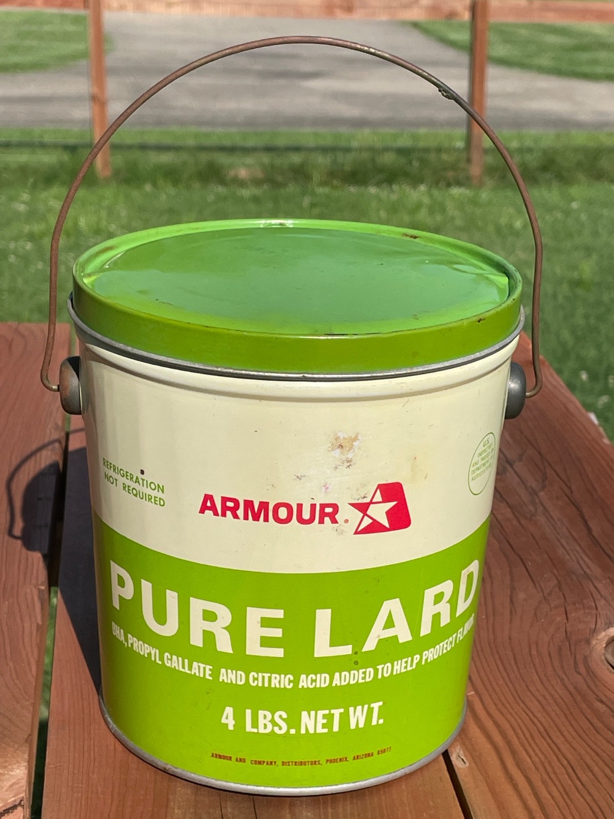 Vintage ARMOUR “Pure Lard” – Green & White Metal Pail W/Handle – 4 LBS – EMPTY