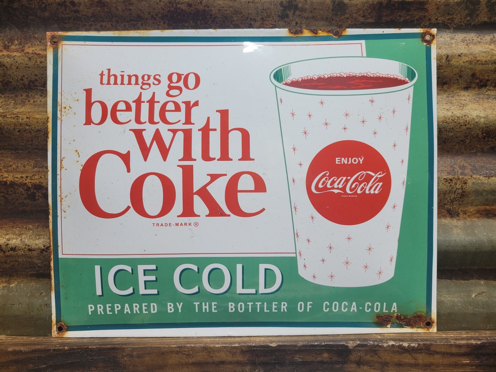 VINTAGE COCA-COLA PORCELAIN SIGN 17″ OLD SODA COKE POP RESTAURANT BEVERAGE DRINK