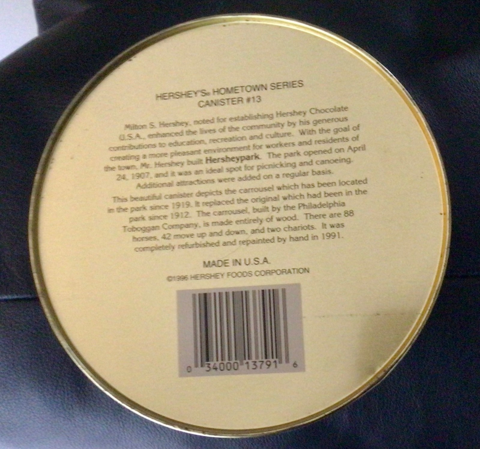Hershey Park Carrousel Tin Box Hometown Series Canister #13 USA 1996 Empty