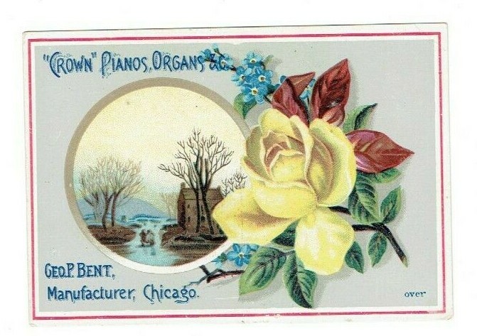 Crown Piano Organs Victorian Trade Card Yellow Rose No Ad on Back Antique
