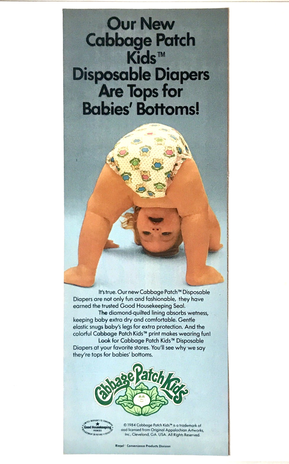 1984 Cabbage Patch Kids Disposable Diapers Riegel Small vintage Print AD