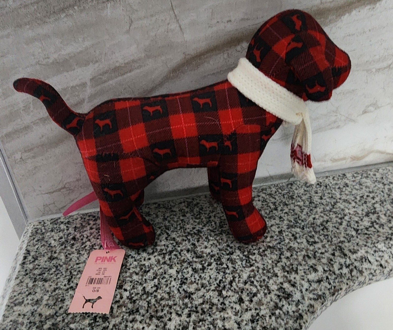NWT Victorias Secret PINK Dog Logo Red Buffalo Plaid White Scarf 2007 6.5″