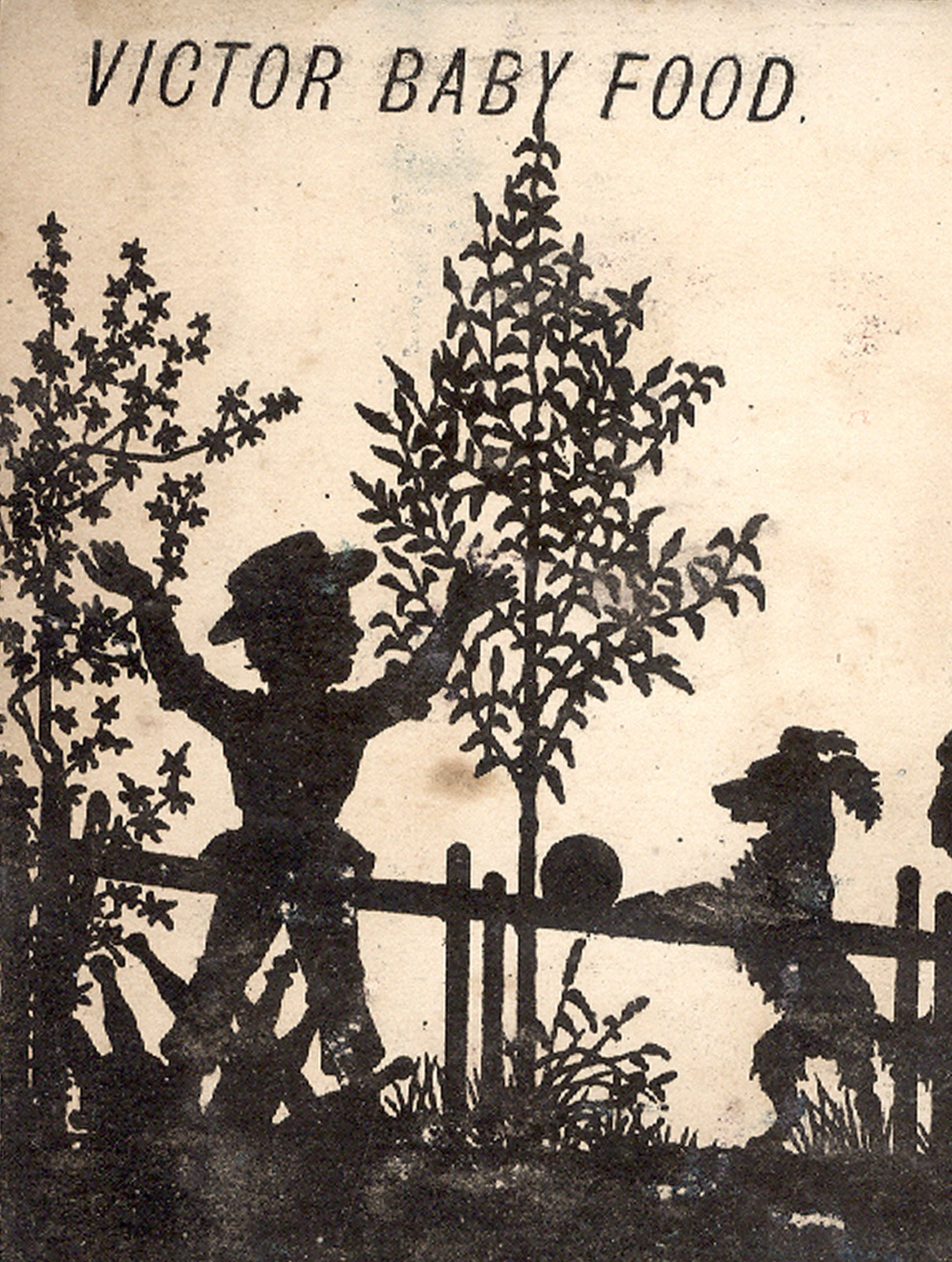 1880’s VICTOR BABY FOOD SILHOUETTE TRADE CARD 25c & $1.00 CHILDREN PLAYING Z623