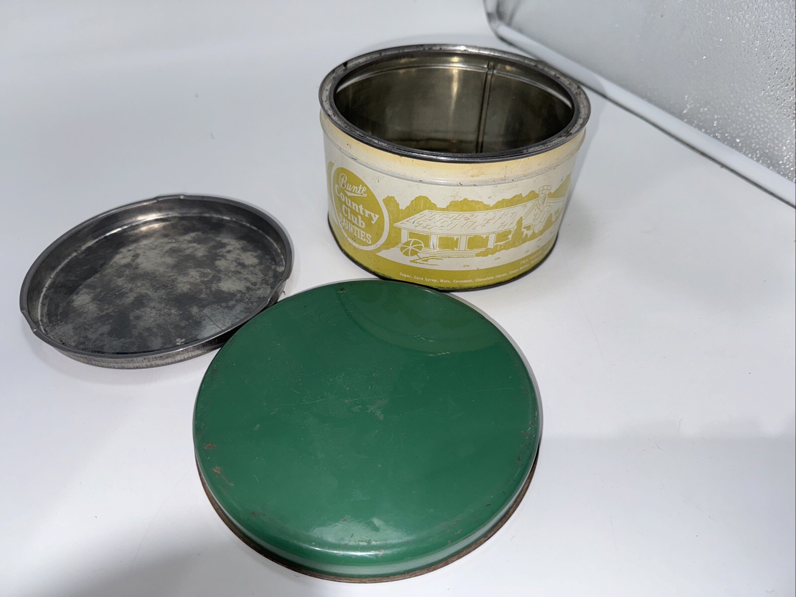 BUNTE COUNTRY CLUB DAINTIES TIN LITHO CAN CANDY COOKIES COUNTRY STORE OLD VTG !!