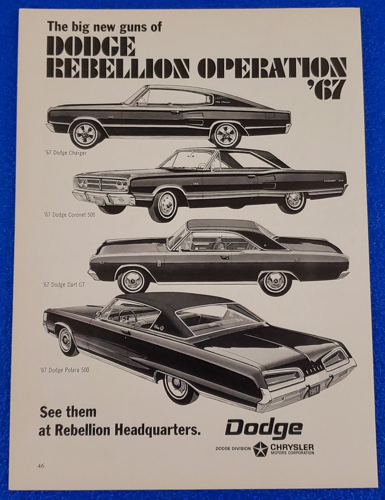 1967 DODGE CHARGER CORONET DART POLARA ORIGINAL DEALER LINE-UP CHRYSLER PRINT AD