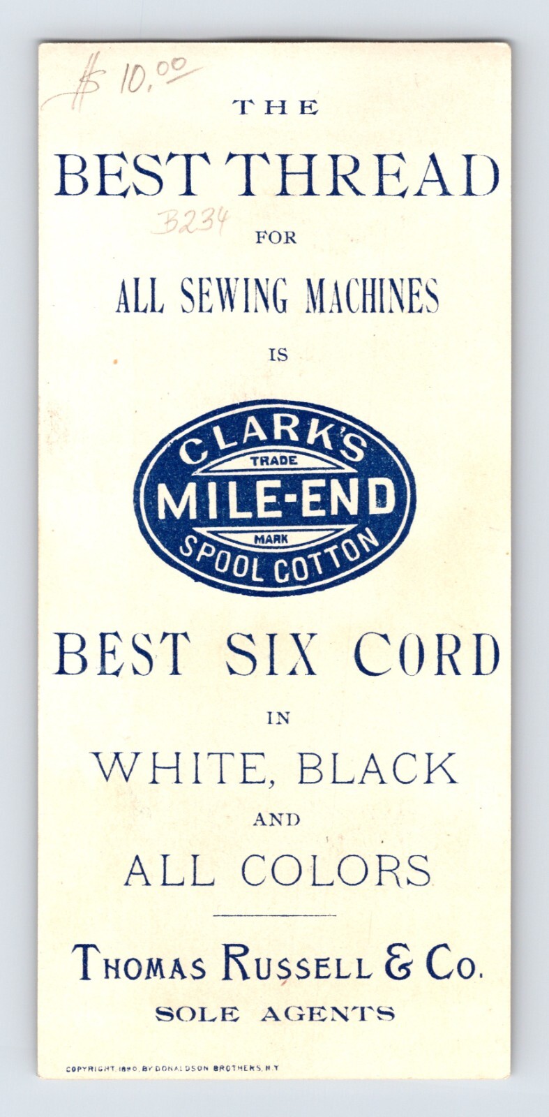 Clark’s Mile End Spool Thread 1890s Victorian Trade Card Girl Kittens 2.5 x 5.5