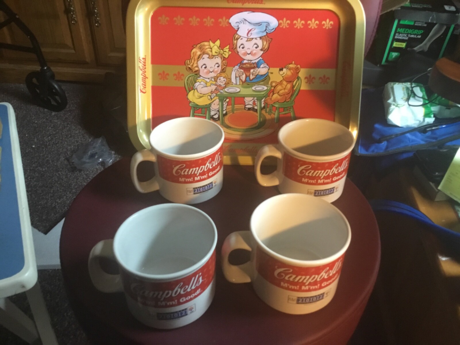 Vintage Campbell Soup Tin Tray and 2002 Olympics LE Campbell Soup 4 Mugs w/TIN
